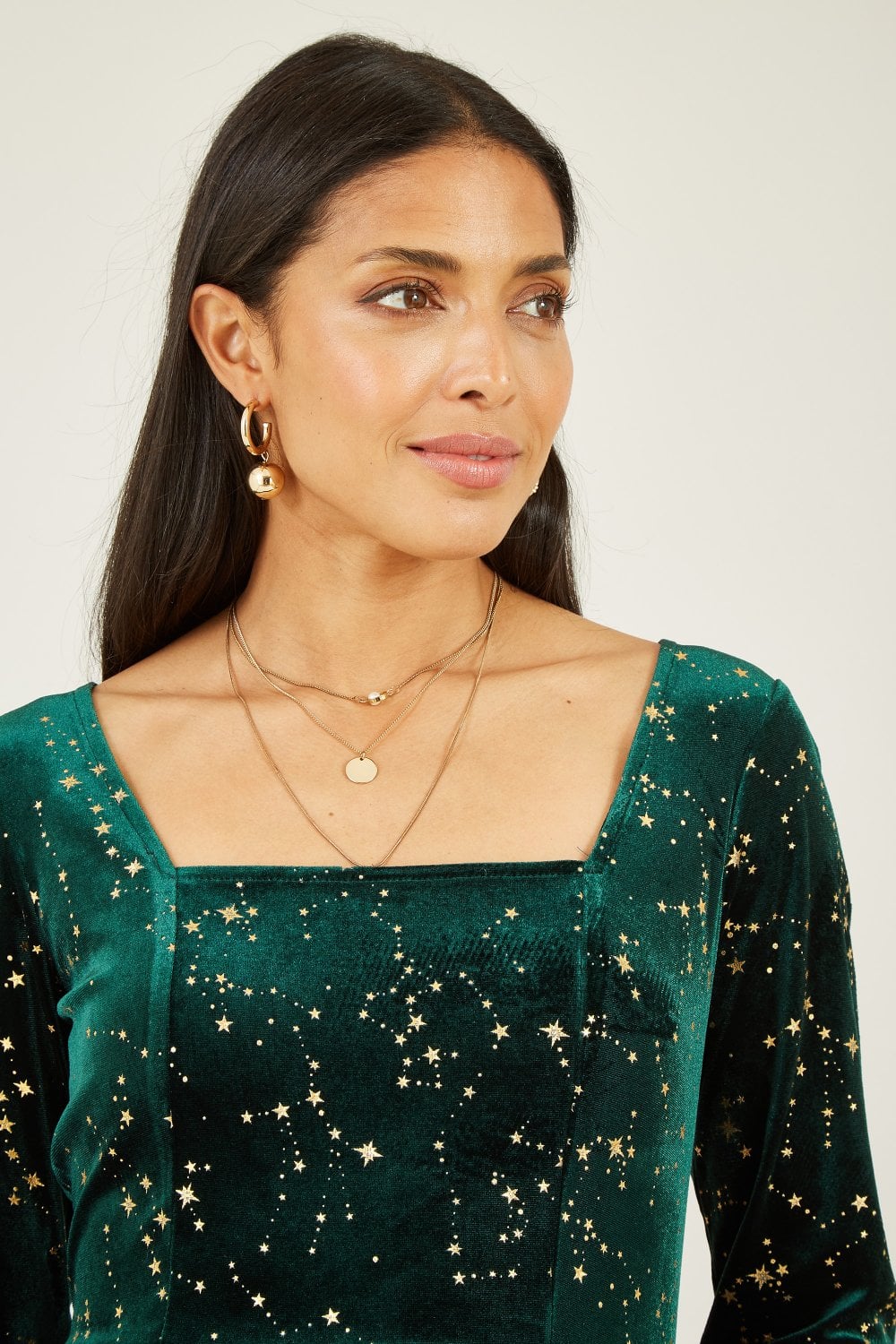 Mela Green Star Foil Print Long Sleeve Skater Dress