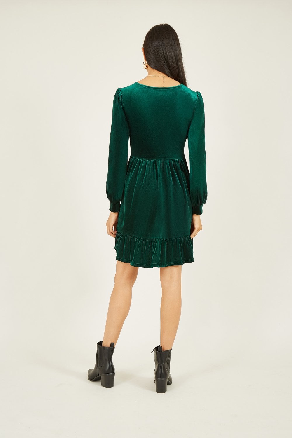Mela Green Velvet Long Sleeve Skater Dress