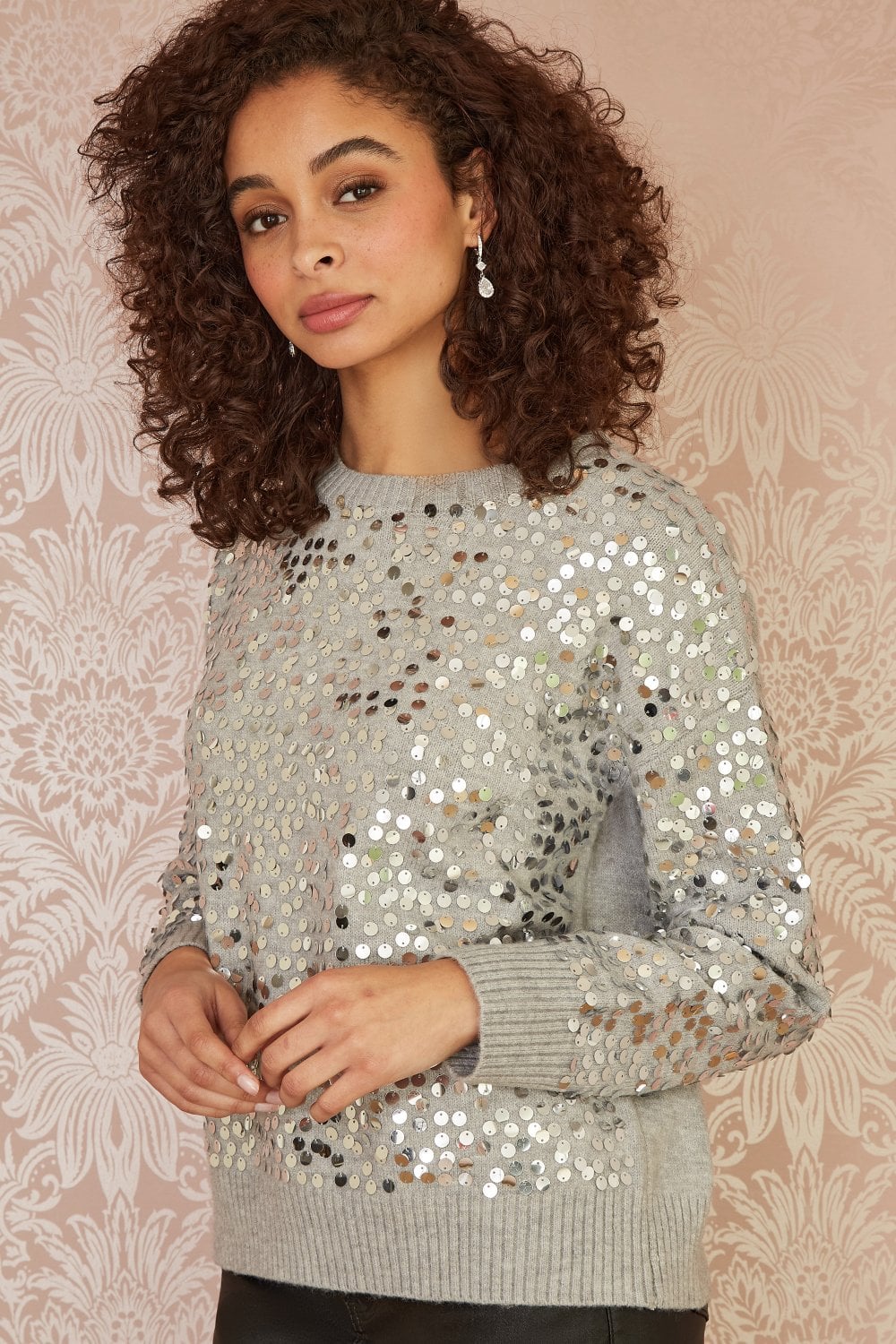 Mela Grey All Over Sequin Relaxed Fit Jumper