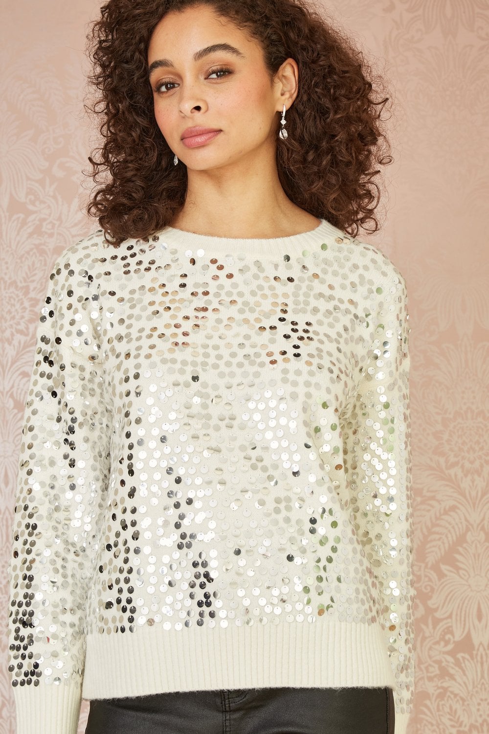 Mela Ivory All Over Sequin Relaxed Fit Jumper