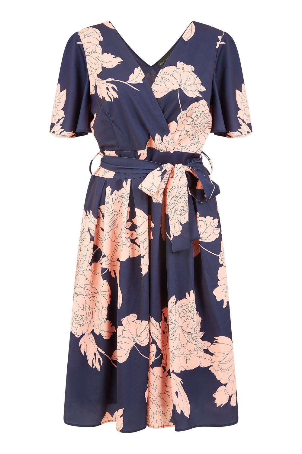Mela Navy Blossom Print Wrap Skater Dress