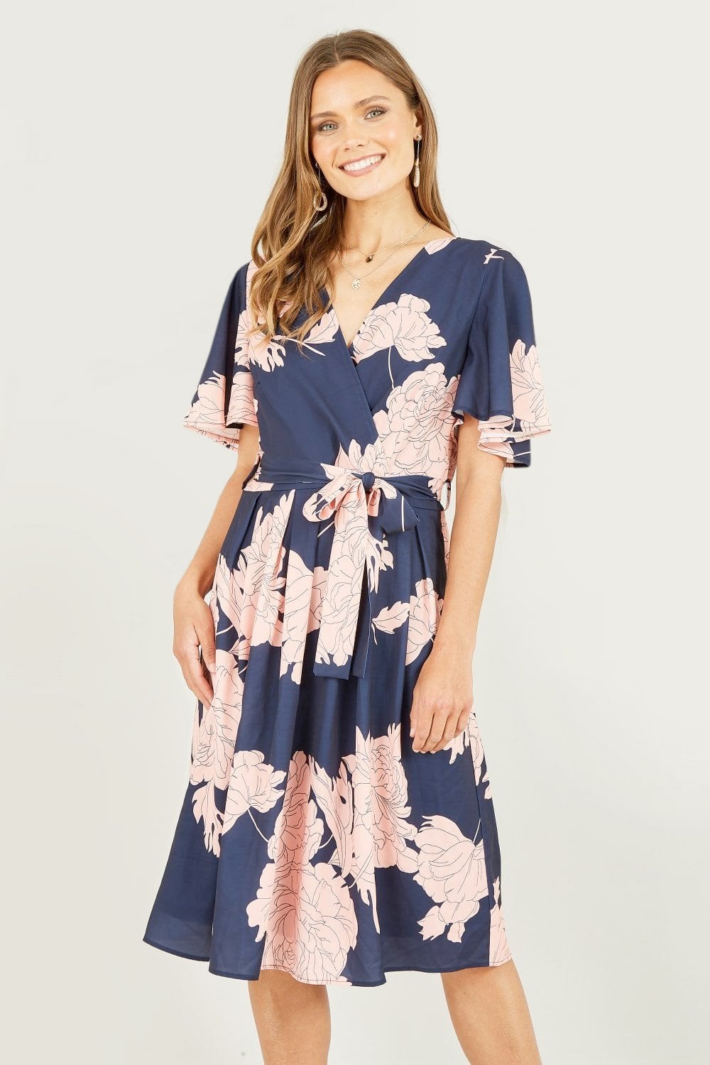 Mela Navy Blossom Print Wrap Skater Dress