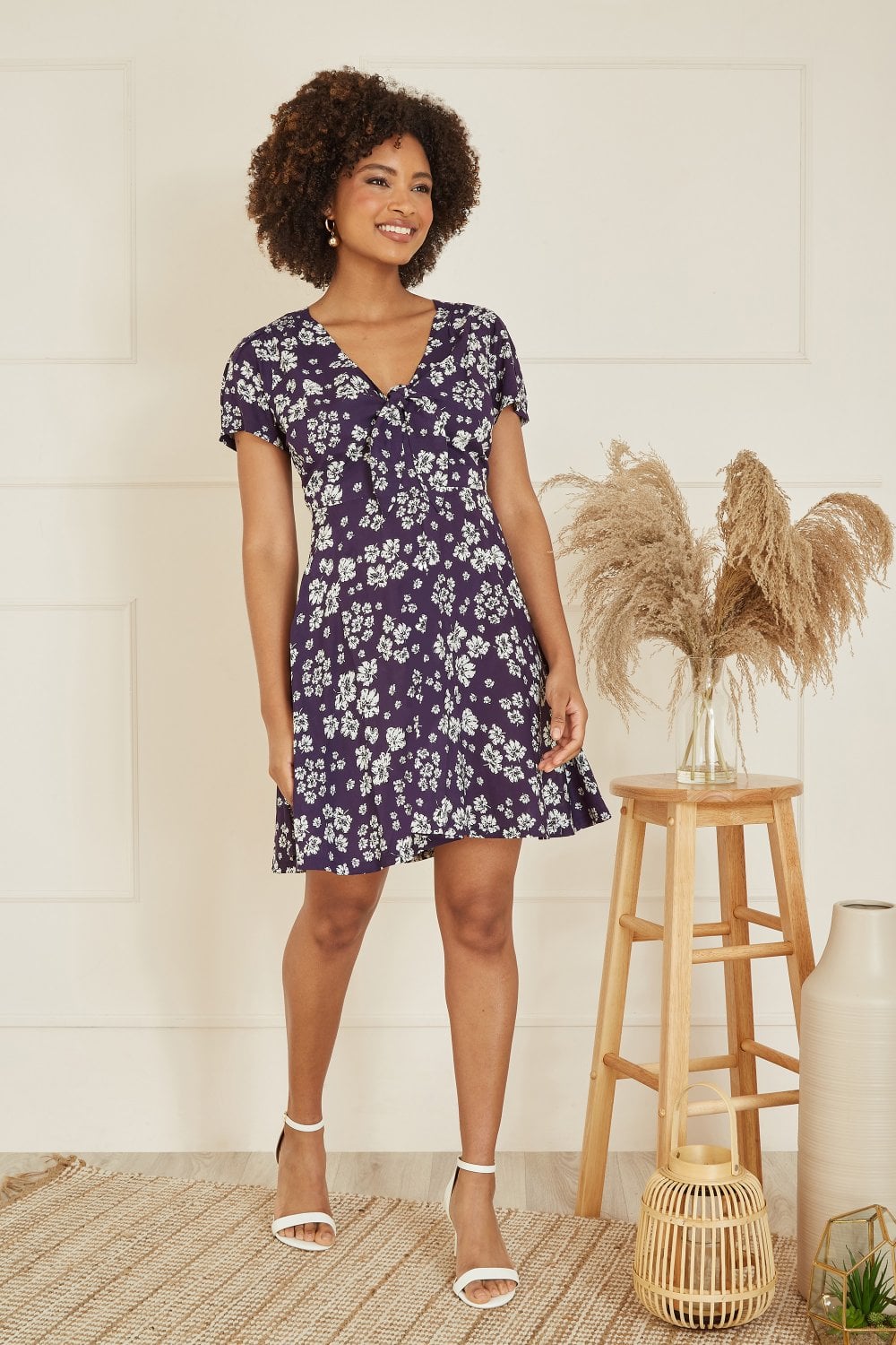 Mela Navy Floral Mini Skater Dress With Tie Front