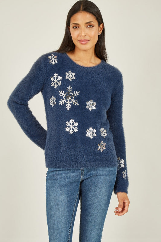 Mela Navy Sequin Snowflake Fluffy Jumper
