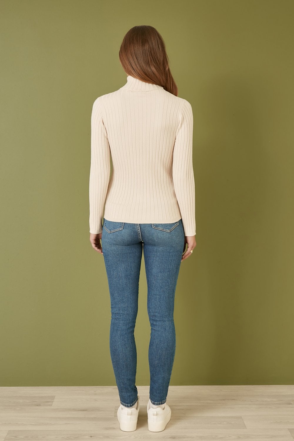 Mela Oatmeal Ribbed Knit Roll Neck Jumper