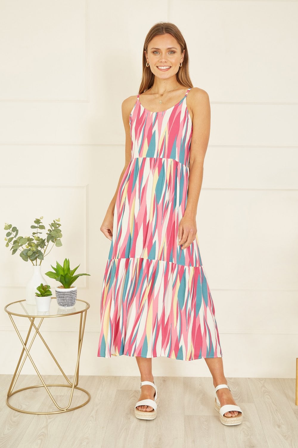 Mela Pink Viscose Abstract Stripe Midi Sundress