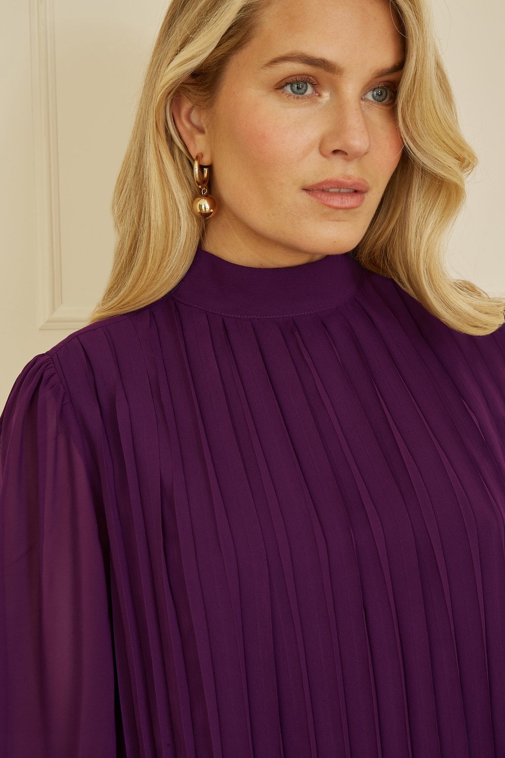 Mela Plum Pleated Long Sleeve Top With High Neck
