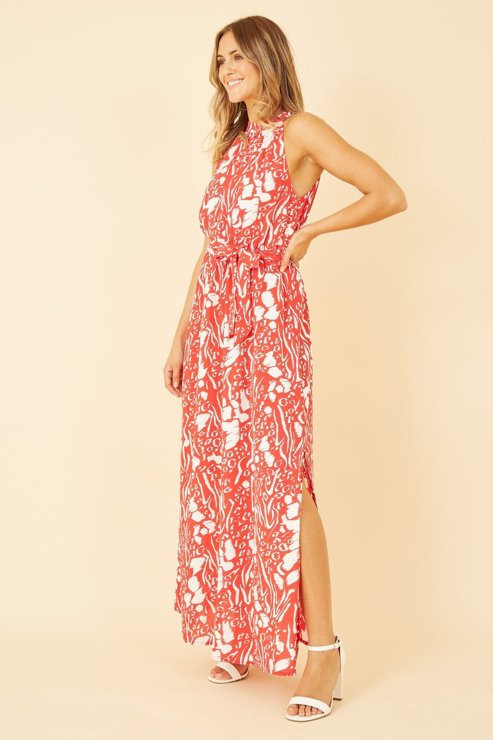 Mela Red Animal Print Halter Neck Maxi Dress