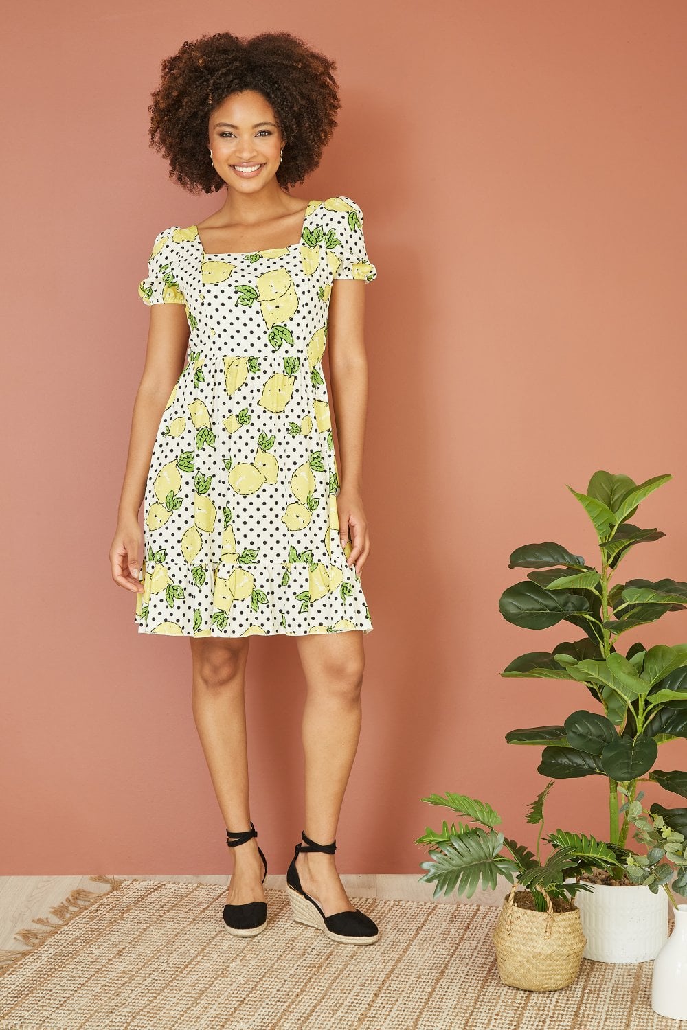 Mela White Viscose Lemon Print Skater Dress With Balloon Sleeves