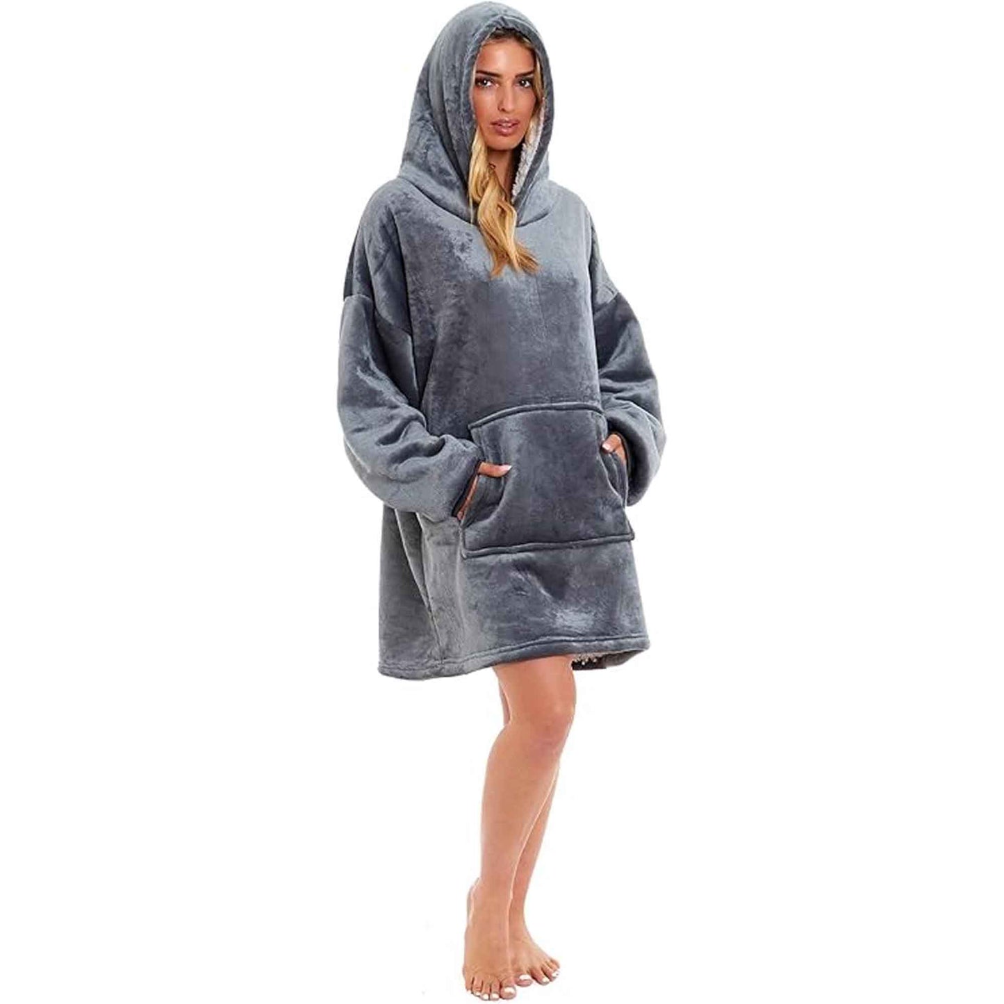 Oversized Hooded Blanket Sweatshirt Plush Sherpa Fur Grey Pink Giant Hoodie for Adults and Kids with Elastic Cuffs and Pocket by Daisy Dreamer