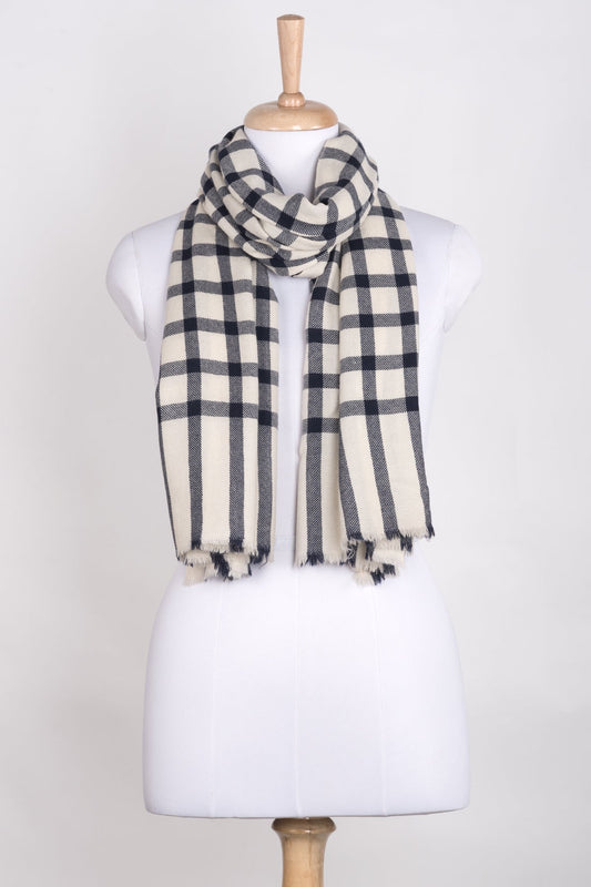 Windowpane Checks Merino Wool Scarf - Off-white Navy