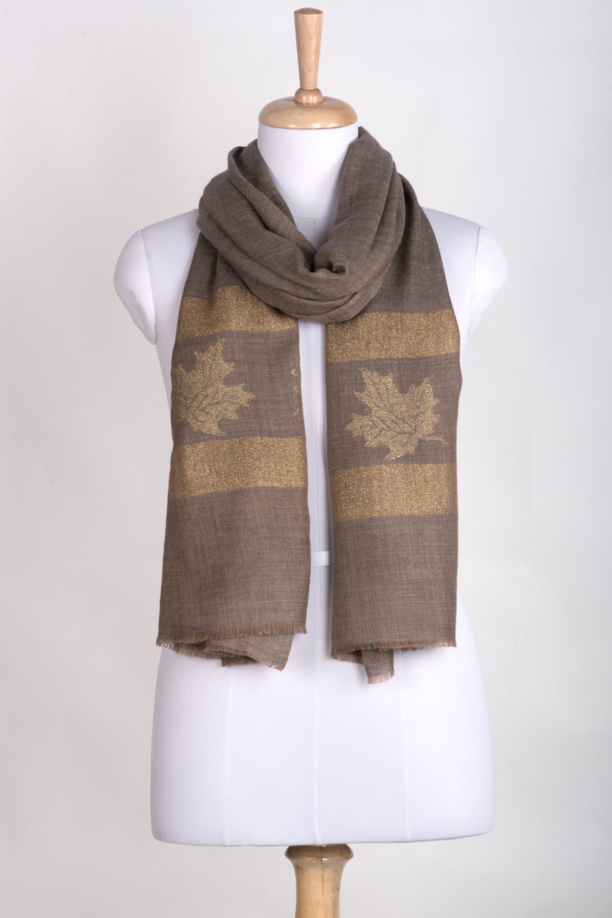 Gold Maple Leaf Border Cashmere Wool Scarf -  Beige