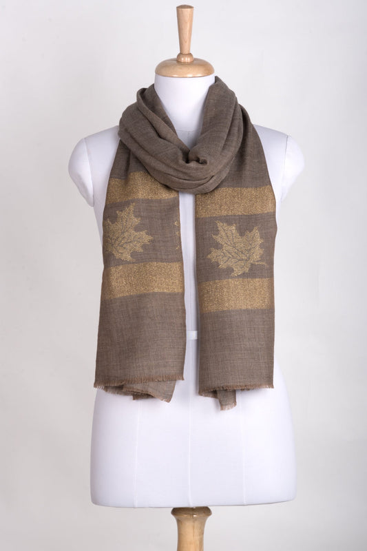 Gold Maple Leaf Border Cashmere Wool Scarf -  Beige