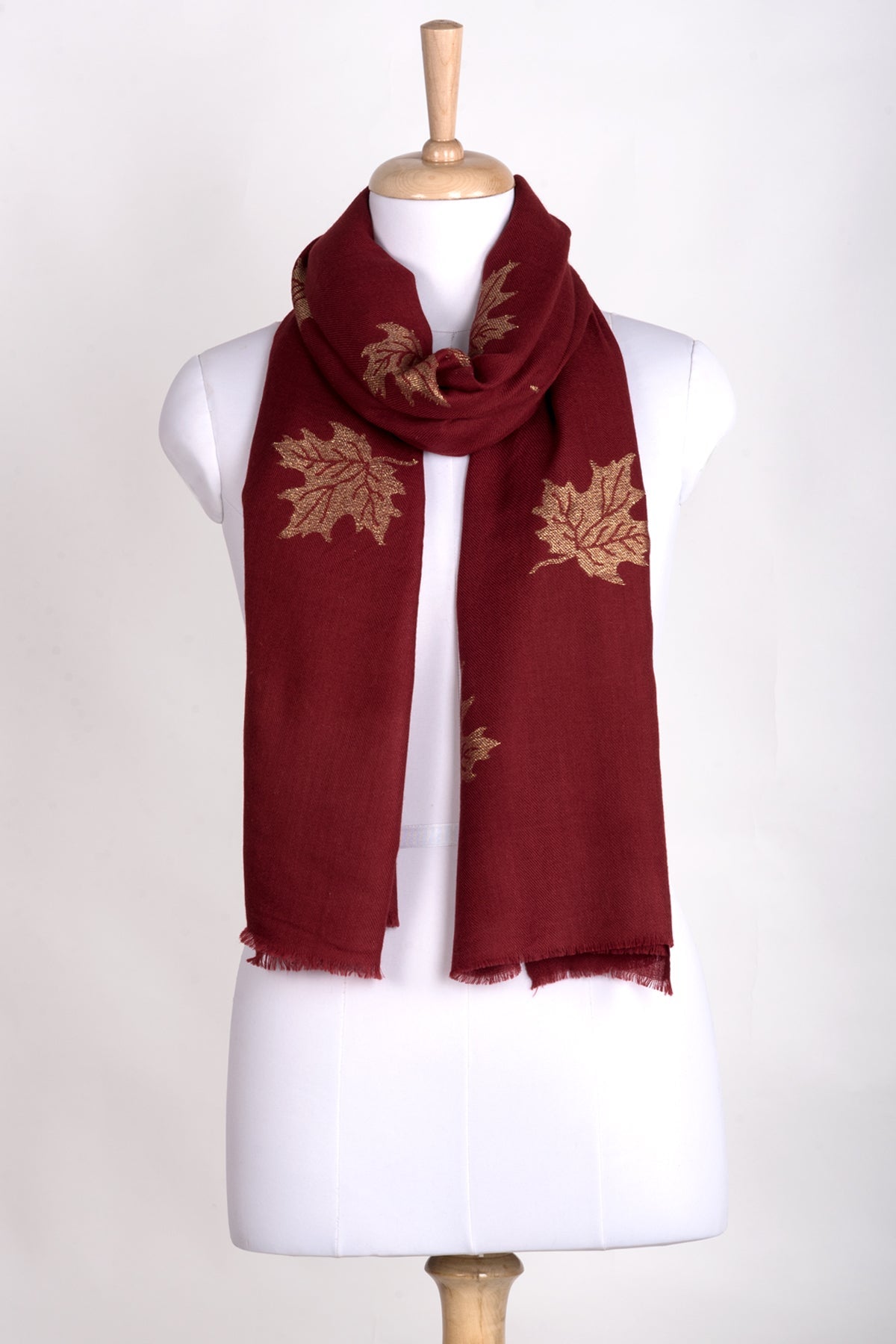 Gold Maple Leaf Cashmere Wool Scarf - Crimson