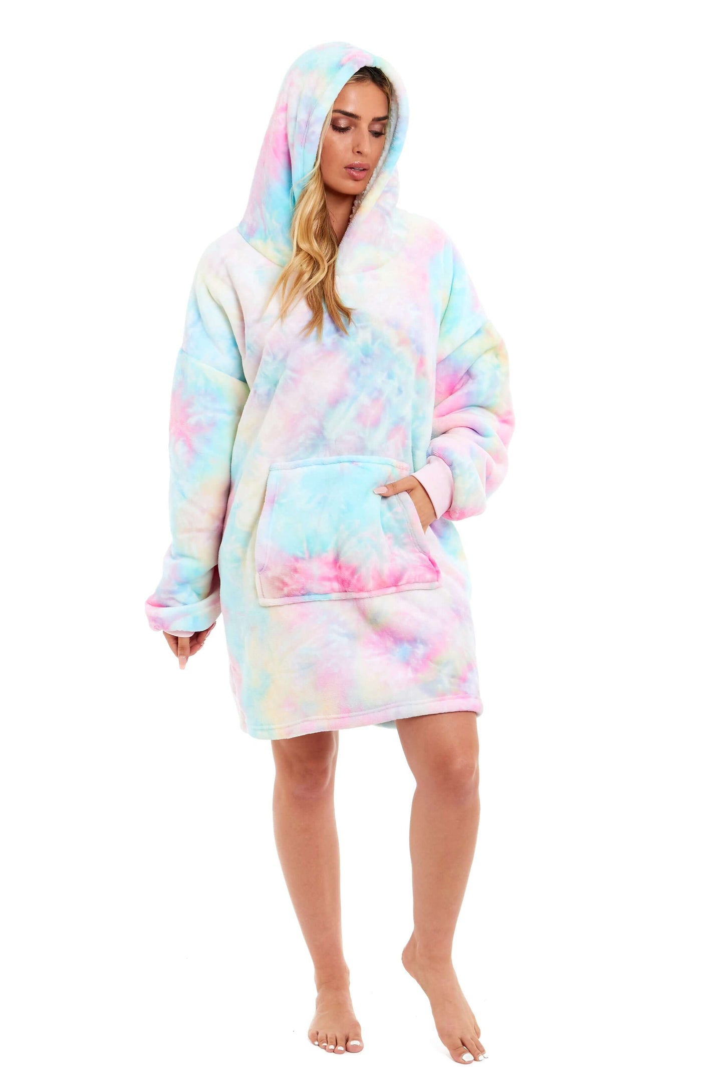 Tie Dye Rainbow Oversized Hooded Plush Fleece Wearable Blanket with Sherpa, Elastic Cuffs, and Double Pocket for Adults and Kids by Daisy Dreamer