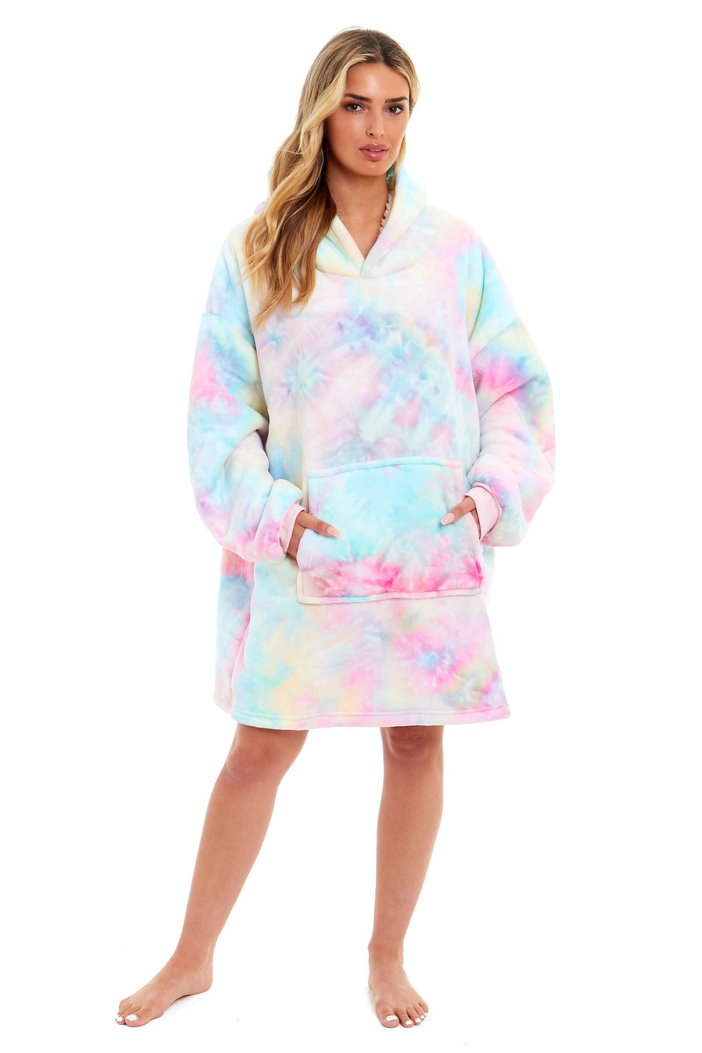 Tie Dye Rainbow Oversized Hooded Plush Fleece Wearable Blanket with Sherpa, Elastic Cuffs, and Double Pocket for Adults and Kids by Daisy Dreamer