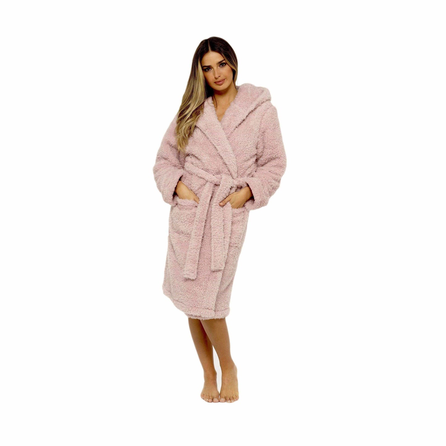 Women's Dusky Pink Teddy Fleece Hooded Robe Ultra Soft Cozy Bathrobe Winter Loungewear Pajamas for Ladies by Daisy Dreamer