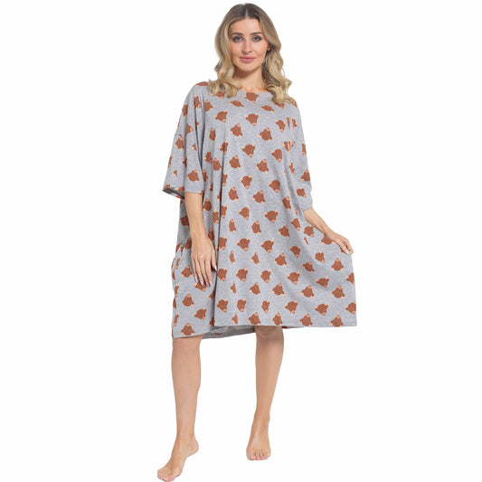 Women's Highland Cow Cream Baggy Nighty Dress in Cotton