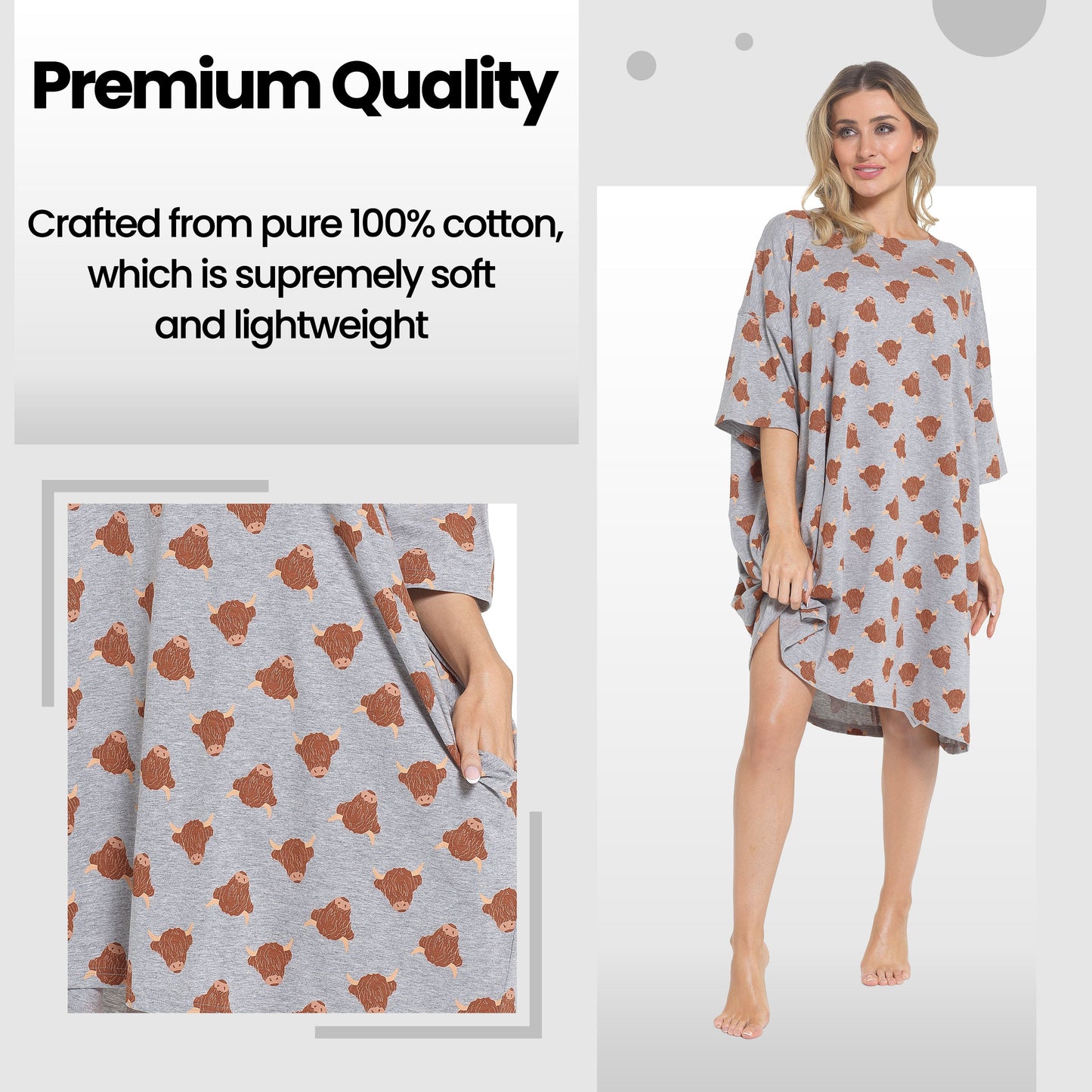 Women's Highland Cow Cream Baggy Nighty Dress in Cotton