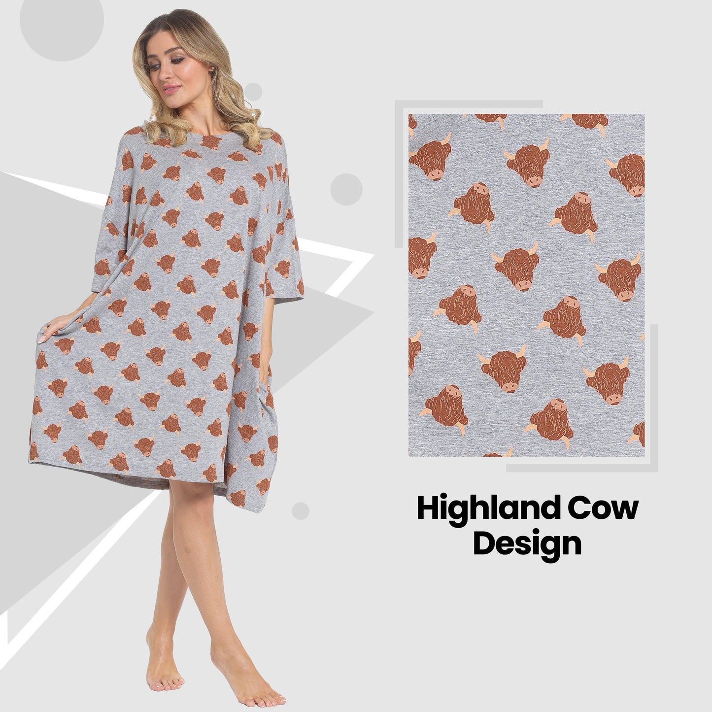 Women's Highland Cow Cream Baggy Nighty Dress in Cotton