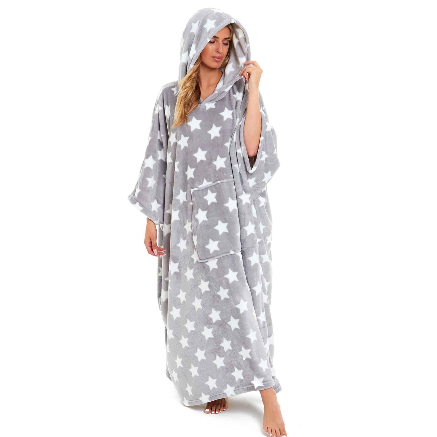 Women's Super Soft Oversized Hooded Poncho Blanket with Stars & Polka Dot Design