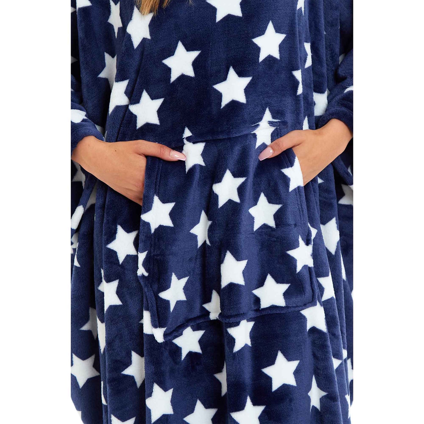 Women's Super Soft Oversized Hooded Poncho Blanket with Stars & Polka Dot Design