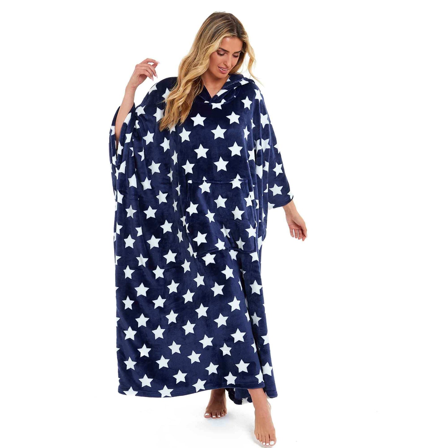 Women's Super Soft Oversized Hooded Poncho Blanket with Stars & Polka Dot Design