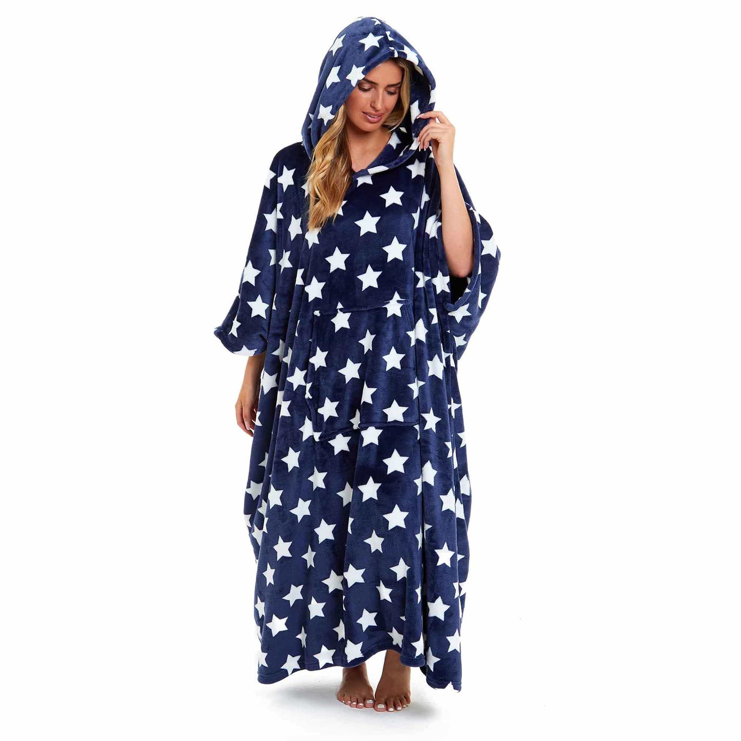 Women's Super Soft Oversized Hooded Poncho Blanket with Stars & Polka Dot Design