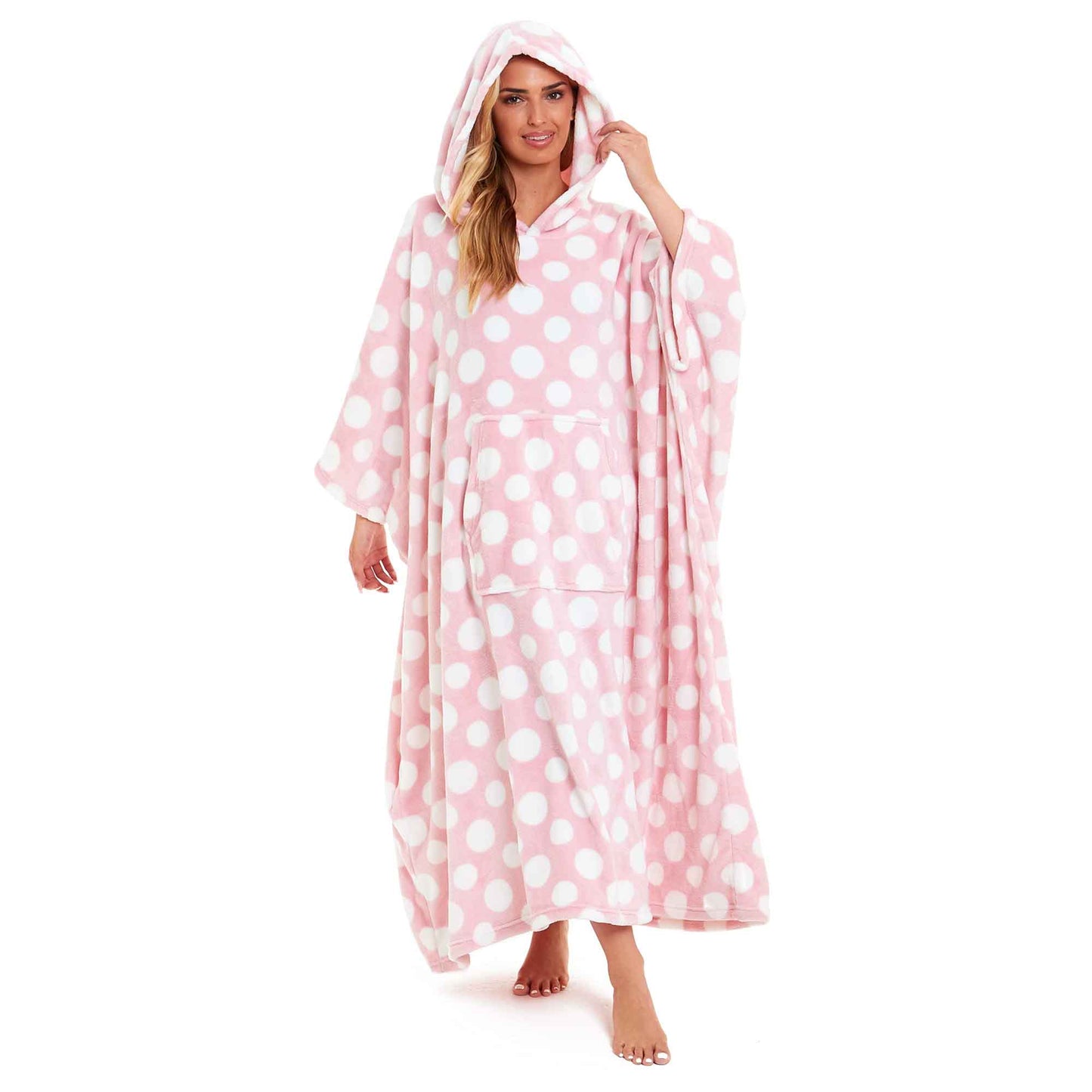 Women's Super Soft Oversized Hooded Poncho Blanket with Stars & Polka Dot Design