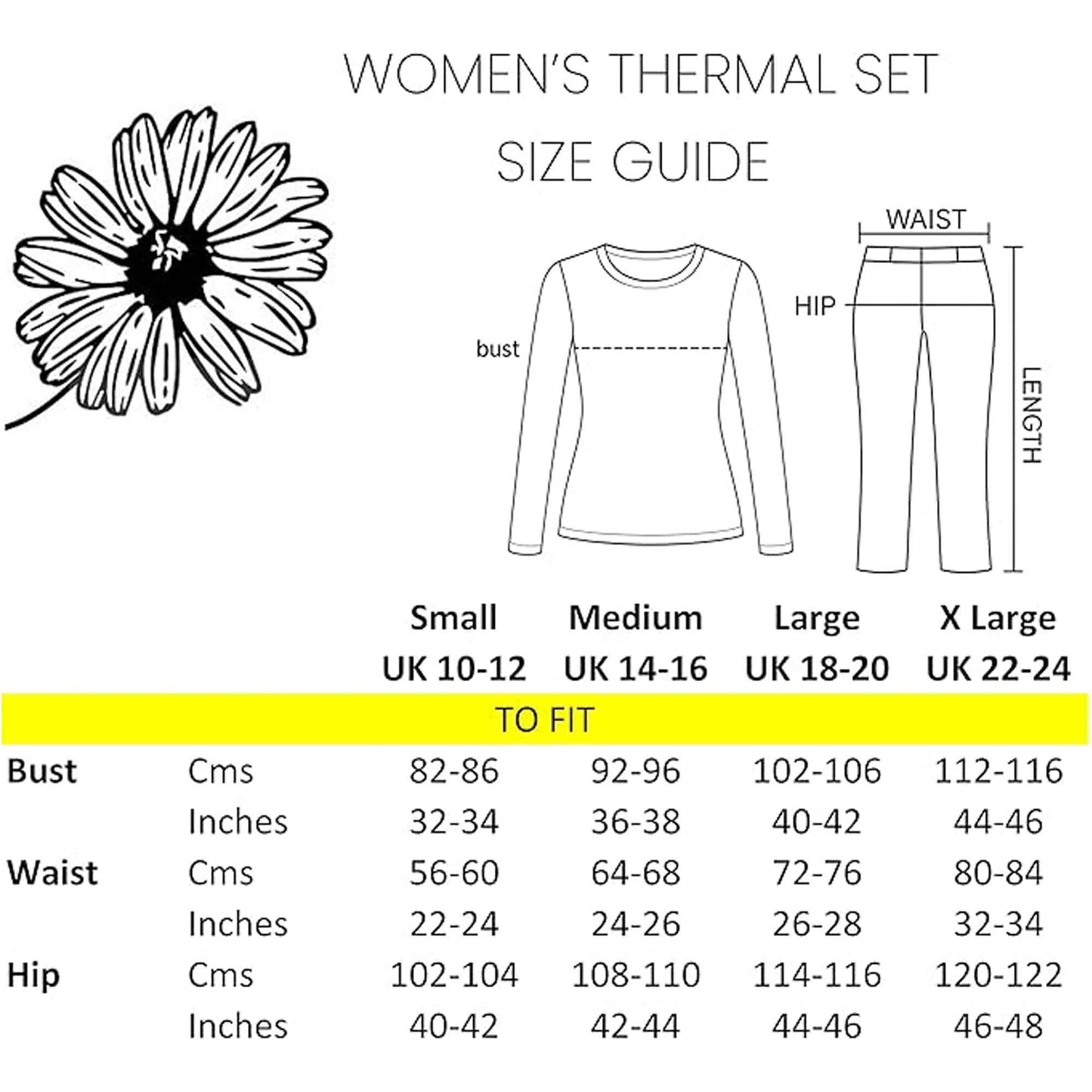 Women's Thermal Long Sleeve Top and Long Jane Pants Set Winter Base Layers Warm Insulating Cotton Rich Fabric Sizes S to XXL Multiple Colours by Daisy Dreamer