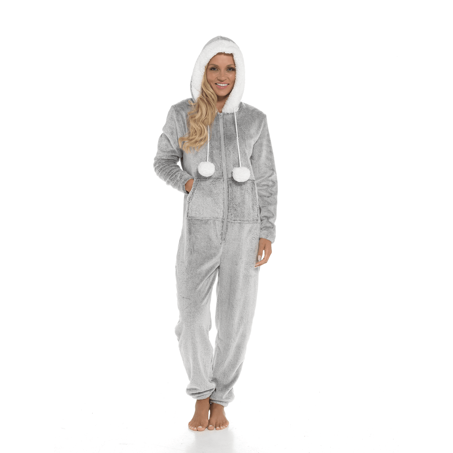 Women's Ultra-Soft Shimmer Fleece Hooded Onesie Pajama with Zip-Up Pockets and Cute Pompoms Warm Nightwear Ideal for Winter Comfort Daisy Dreamer