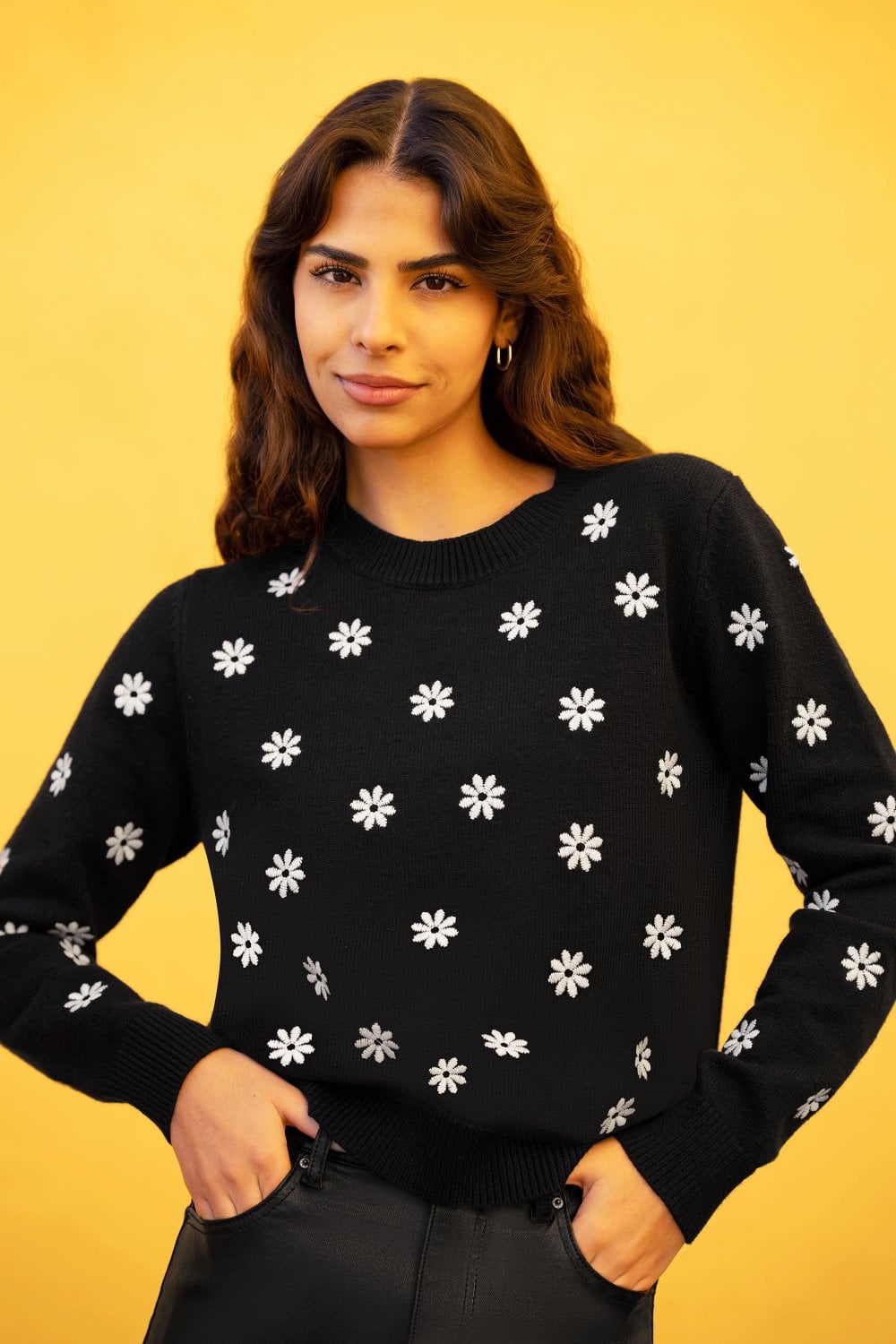 Yumi Black All Over Embroidered Daisy Knitted Jumper