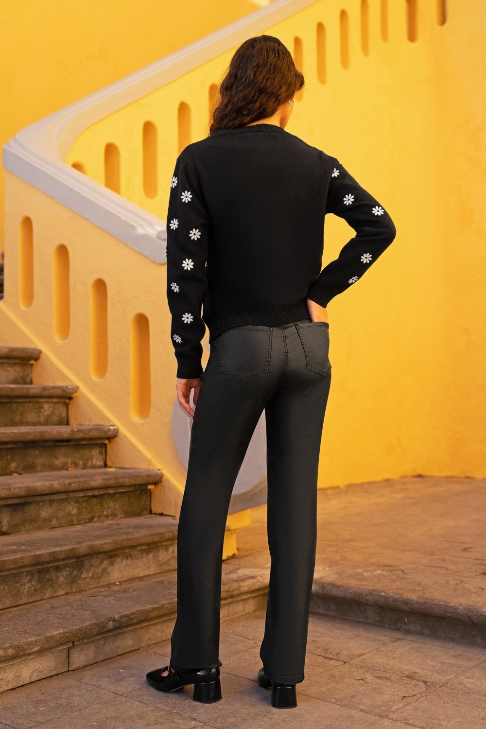 Yumi Black All Over Embroidered Daisy Knitted Jumper