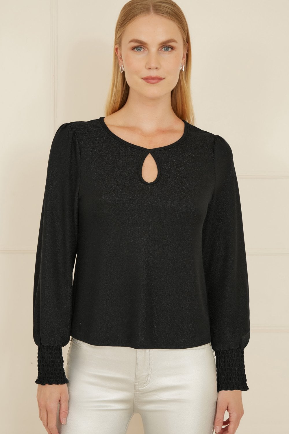 Yumi Black And Gold Sparkle Stretch Keyhole Neckline Top