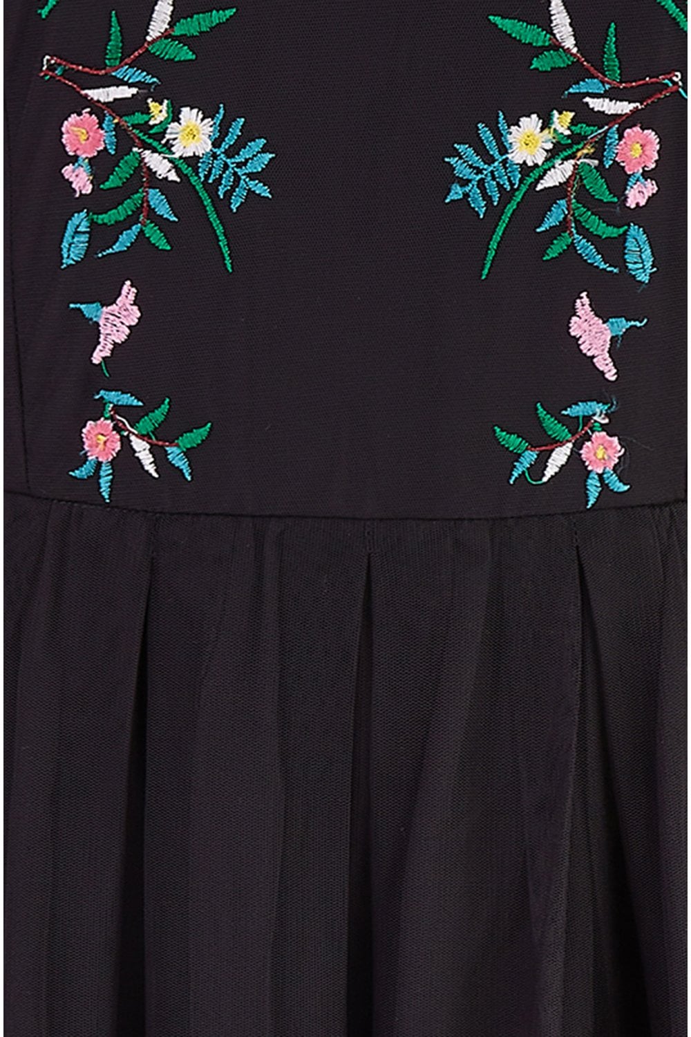 Yumi Black Embroidered Long Mesh Sleeve Prom Skater Dress