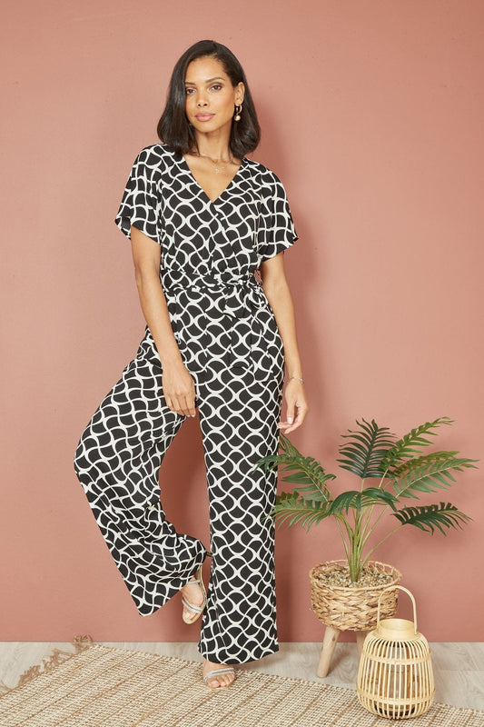 Yumi Black Geometric Print Wrap Jumpsuit