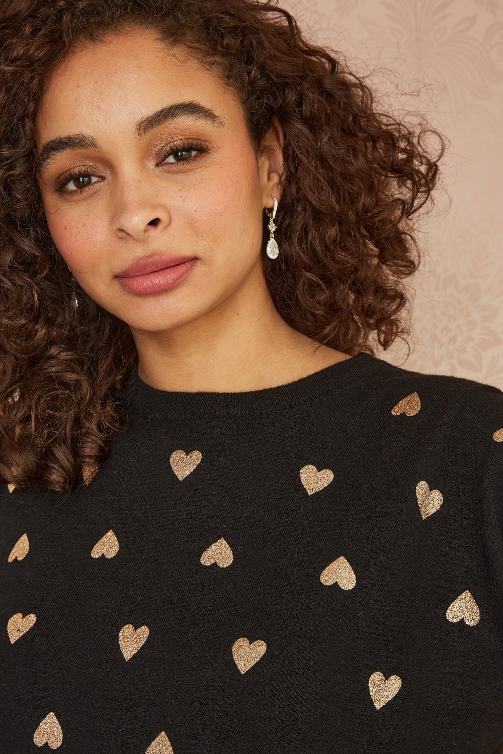 Yumi Black Gold Foil Heart Print Relaxed Fit Jumper