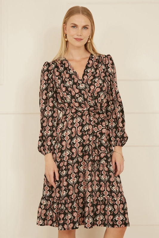 Yumi Black Ikat Long Sleeve Skater Dress