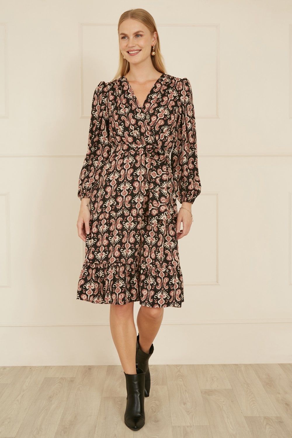 Yumi Black Ikat Long Sleeve Skater Dress