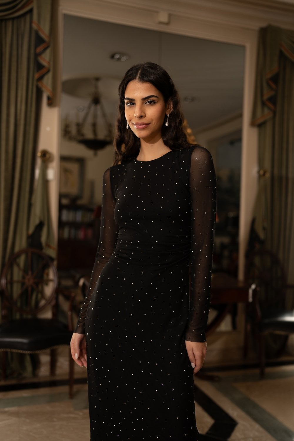 Yumi Black Mesh Bodycon Midi Dress With Tie Back and Diamantes