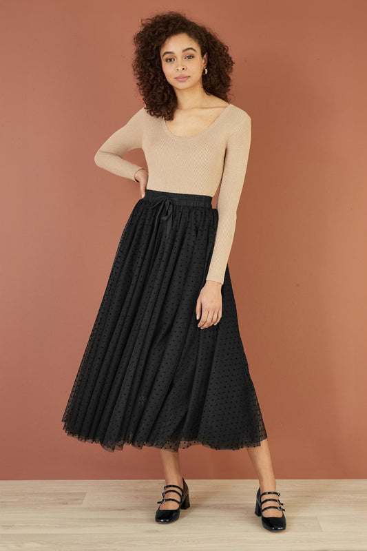 Yumi Black Mesh Heart Print Tulle Skirt