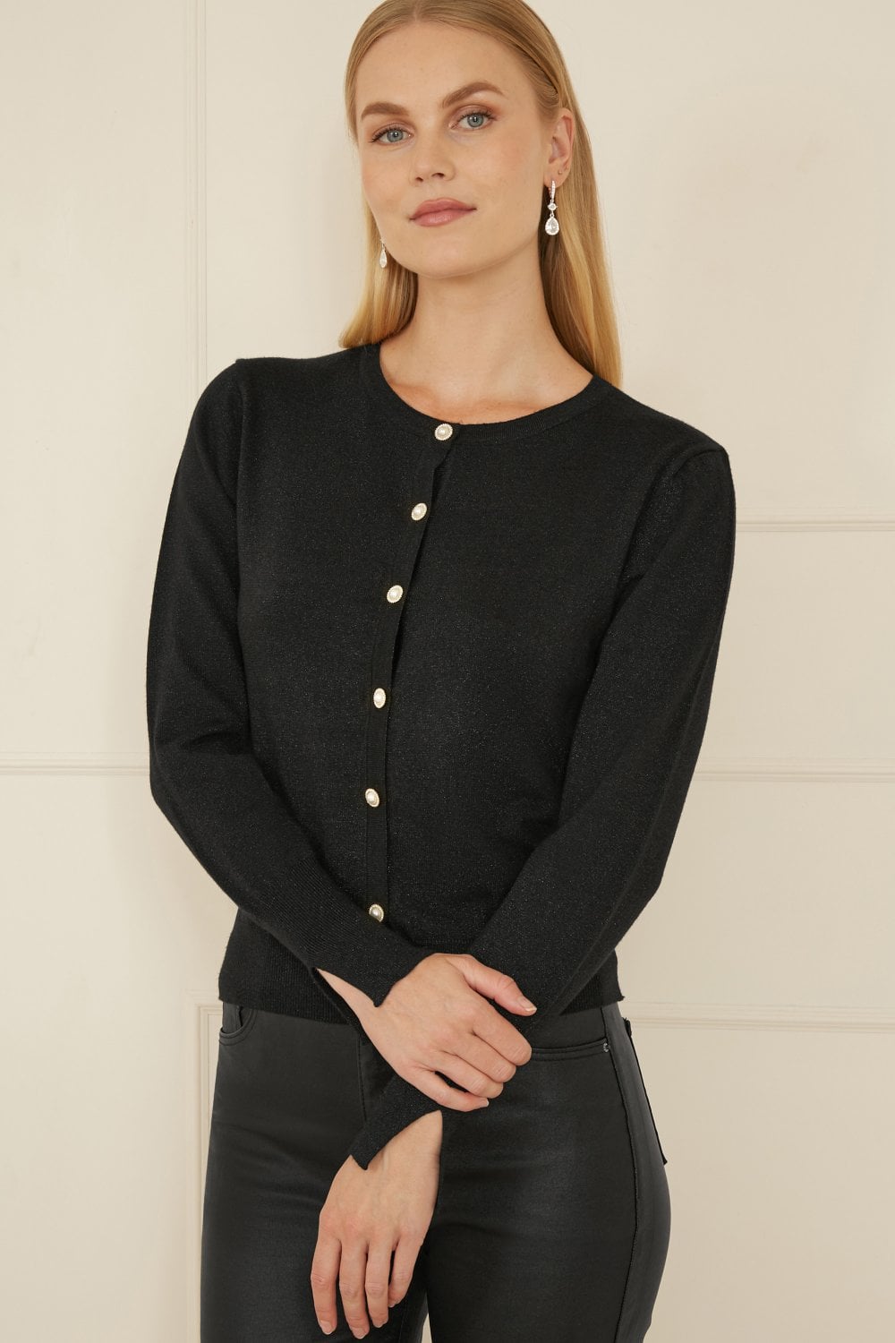 Yumi Black Metallic Knit Cardigan With Pearl Button Details