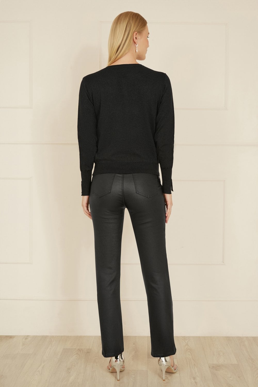 Yumi Black Metallic Knit Cardigan With Pearl Button Details