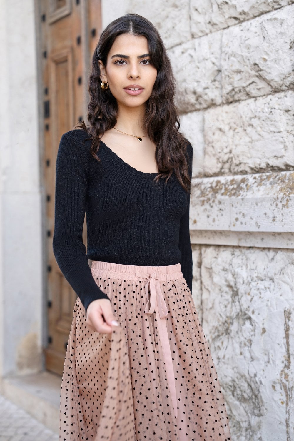 Yumi Black Metallic Knitted Ribbed Top