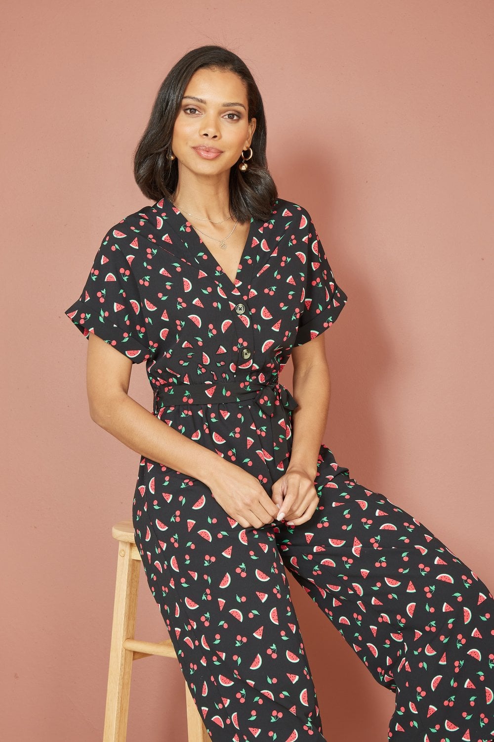 Yumi Black Recycled Watermelon Print Jumpsuit