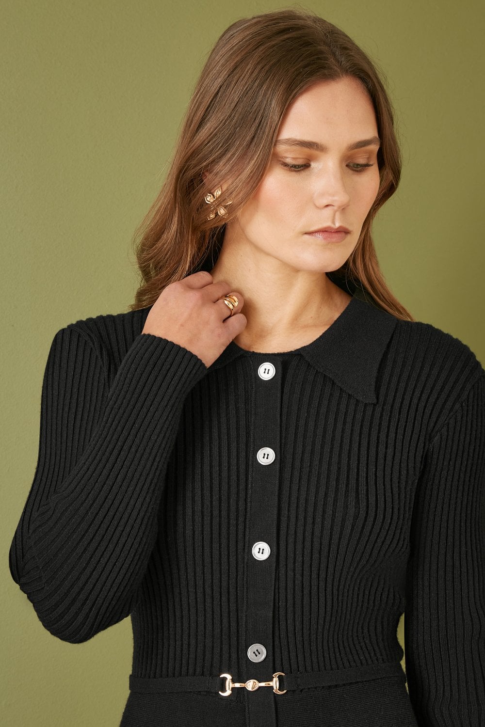 Yumi Black Rib Knit Midi Shirt Dress With Snaffle Belt