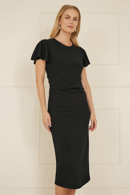Yumi Black Ruched Waist Stretch Midi Dress