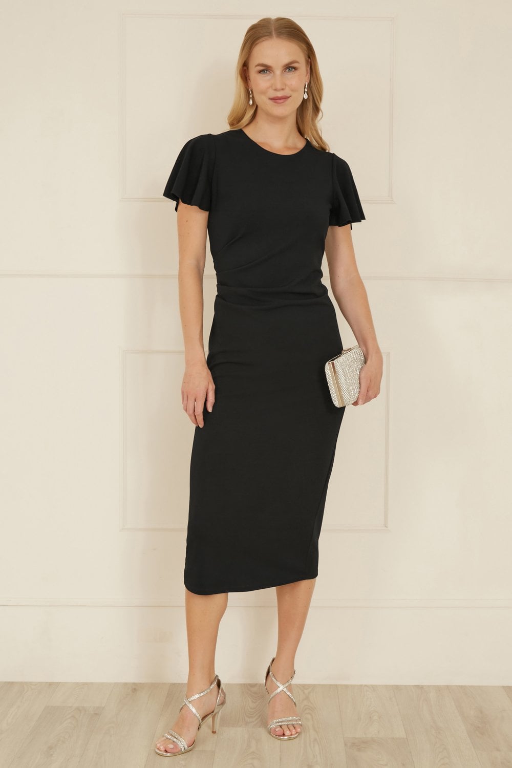 Yumi Black Ruched Waist Stretch Midi Dress