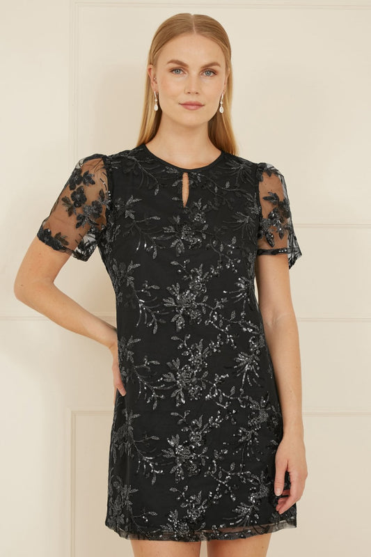 Yumi Black Sequin Embroidered Tunic Dress