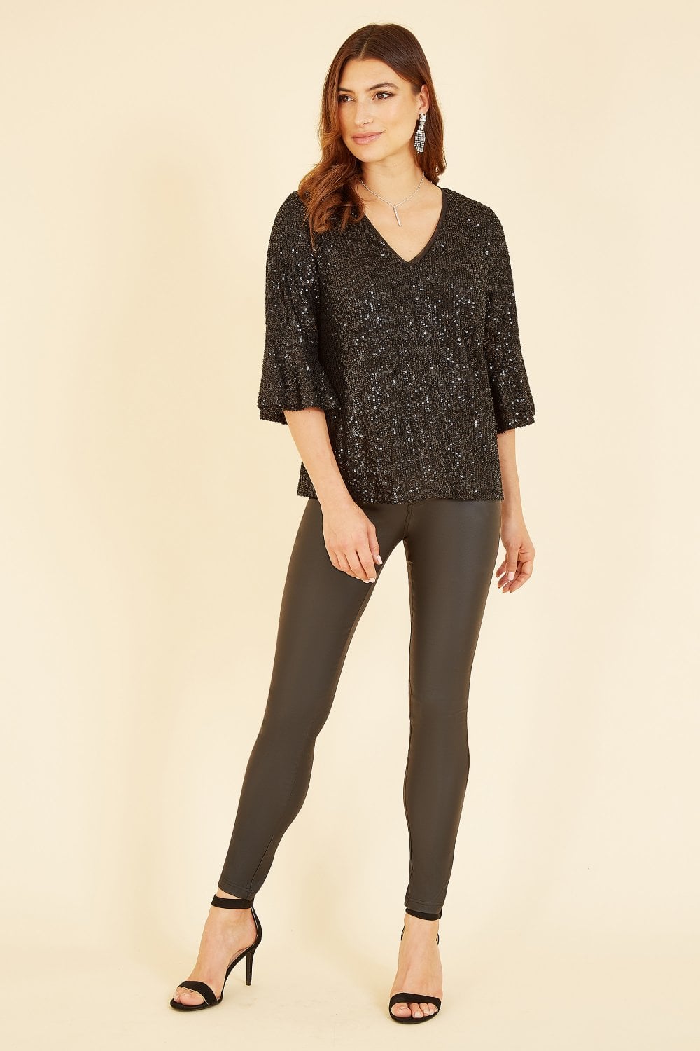 Yumi Black Sequin Top With Fluted Sleeve